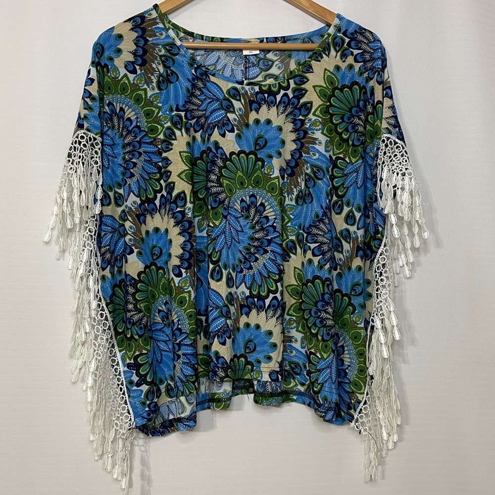 Shui Si Qing Women’s XL Blue Green Boho Print Top with Fringe Sleeves